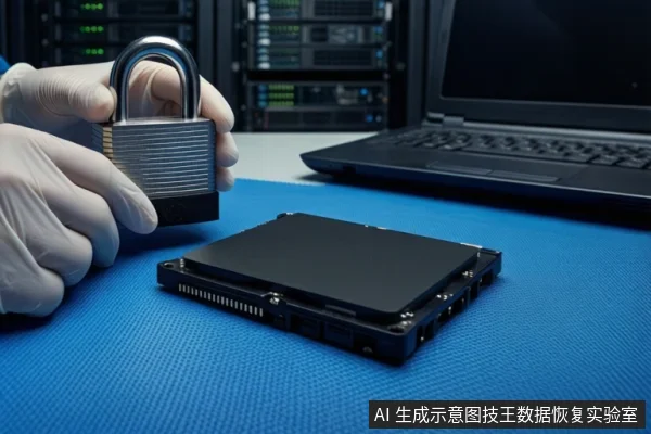 蓝色防静电垫上平放一块黑色固态硬盘,左侧一双戴白手套的手正握持一把银色挂锁,右侧放置一台黑屏笔记本电脑,背景为模糊的服务器机柜。