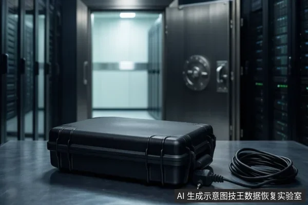 机房环境中，桌面上放置着一个黑色移动硬盘盒，旁边有一根电源线，背景是服务器机柜和金属门。
