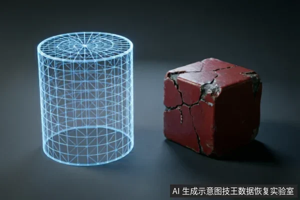 画面左侧为一个发光的蓝色线框圆柱体,象征数字化数据或虚拟结构;右侧为一块表面严重开裂、破损的红色实体方块。两者并置于深色背景上,形成抽象的数字与物理损坏实体的对比。