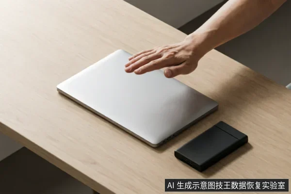浅色木纹桌面上放置着一台闭合的银色笔记本电脑,旁边平放着一个黑色的长方形外接固态硬盘。一只男性的手正悬停在笔记本上方,呈现出准备操作或展示设备的姿态,画面构图简洁,突出了电脑与存储设备的关系。