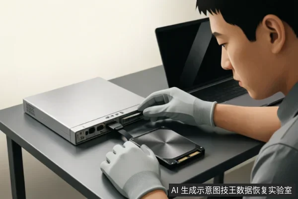 一名佩戴防静电手套的技术人员正在将一块3.5英寸机械硬盘插入银色硬盘盒或检测设备的接口中,背景有一台笔记本电脑,展示对存储介质的物理连接与初步检测过程。