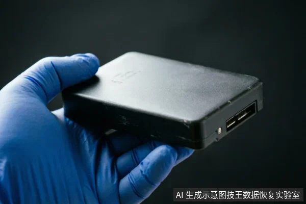 一只戴着蓝色防护手套的手托举着一个黑色的便携式移动硬盘,侧面清晰可见USB接口。画面聚焦于设备外观与持握动作,背景深暗,体现了对存储介质的专业检查或安全处理场景。