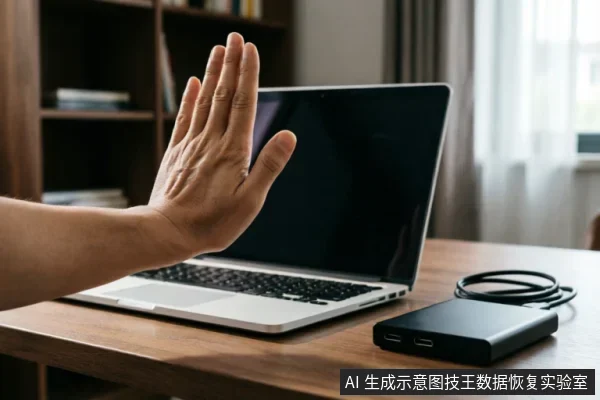 一只手掌在笔记本电脑屏幕前做出明显的停止手势，桌面上放置着一个黑色的移动硬盘盒及连接线缆。画面直观地传达了在设备故障时立即断电、禁止操作或拒绝格式化指令的含义。
