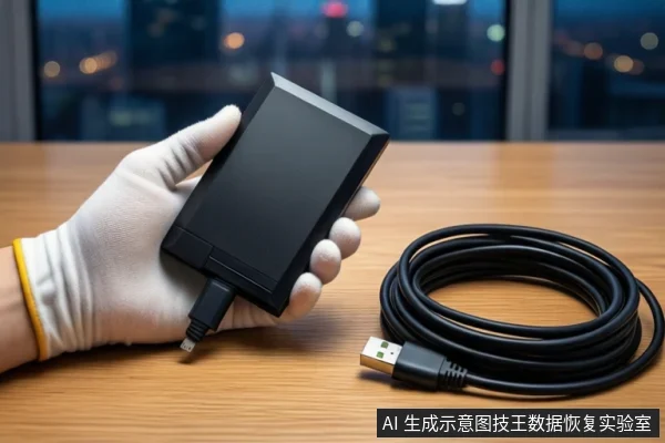 木质桌面上,一只戴白手套的手持握一个黑色移动硬盘,硬盘底部插着USB线。右侧盘绕着一根黑色USB数据线。背景为模糊的窗户和城市夜景。