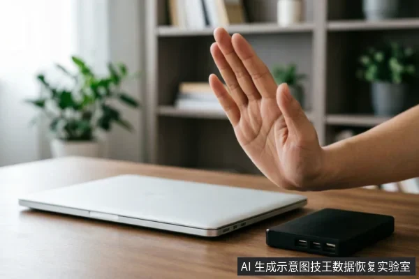 木质桌面上放置着一台闭合的银色笔记本电脑和一个黑色移动硬盘,一只手掌在设备前方做出明显的“停止”手势,示意切断连接或禁止操作。
