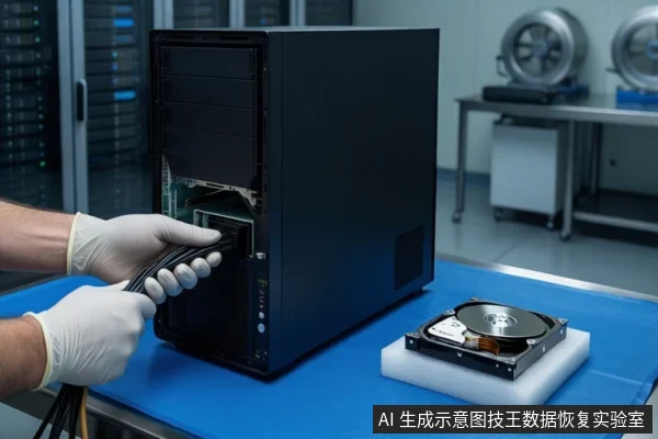 蓝色防静电垫上放置一台黑色立式主机,右侧白色泡沫上平放一块裸露机械硬盘。左侧一双戴白色手套的手正握持黑色线缆插头,准备插入主机接口。背景为模糊的服务器机柜和圆形风扇。