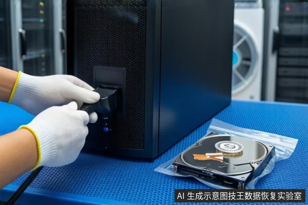 蓝色防静电垫上放置一台黑色立式主机,左侧一双戴白色手套的手正握持黑色电源插头插入主机接口。右侧平放一块装在透明自封袋内的裸露机械硬盘。背景为模糊的服务器机柜和圆形风扇。