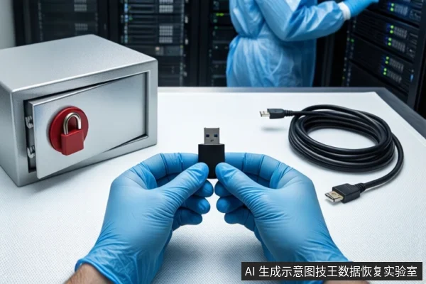 洁净室白色桌面上，戴蓝色手套的双手正持握一个黑色USB闪存盘，左侧为挂有红色挂锁的银色金属防震箱，右侧盘绕一根黑色USB数据线，背景可见服务器机柜和穿蓝色无尘服的人员。
