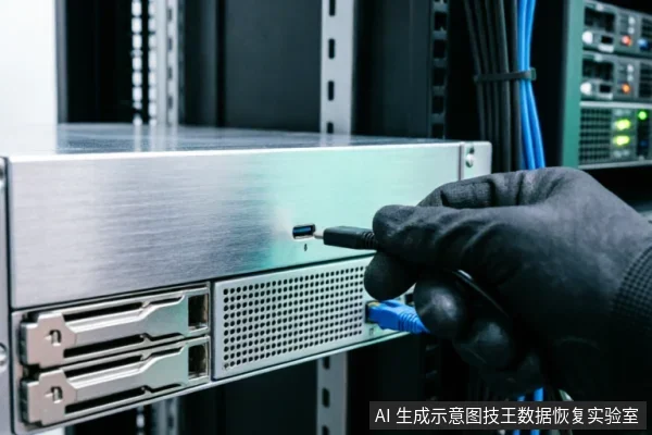 一只戴着黑色防静电手套的手正将蓝色USB数据线插入银色机架式服务器设备的接口中,背景可见理线整齐的线缆与机柜结构,展示物理连接检查环节。