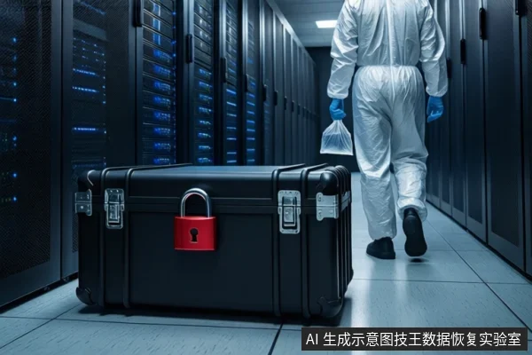 服务器机房通道内，前景放置一个闭合的黑色防震箱，箱体挂有红色挂锁。背景中一名穿无尘服的技术人员手持透明防静电袋，正背对镜头向通道深处走去。