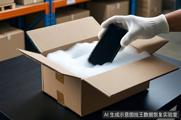 仓库环境中，深色桌面上放置一个打开的棕色纸箱，箱内为白色防震泡沫。一只戴白色手套的手正握持一部黑屏智能手机，准备放入泡沫中。背景可见货架和堆叠的纸箱。