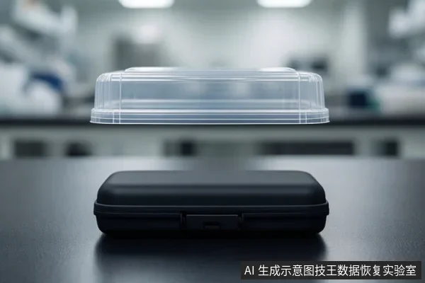 实验室台面上放置一个黑色硬质便携箱，上方悬浮一个透明塑料盒盖，背景为模糊的实验室设备。