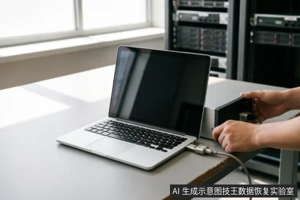 画面展示了一台银色笔记本电脑放置在桌面上,技术人员的双手正在将一块硬盘通过专用线缆连接至旁边的黑色只读写入保护设备。背景可见服务器机柜,整体呈现专业数据恢复工作站中建立安全读取连接的检测场景。