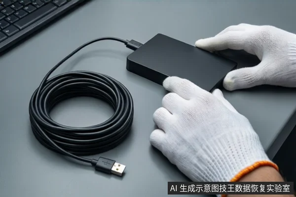 灰色桌面上放置一个黑色移动硬盘和一根盘绕的黑色USB线缆。右侧一双戴白色手套的手正扶握硬盘。背景为模糊的键盘。