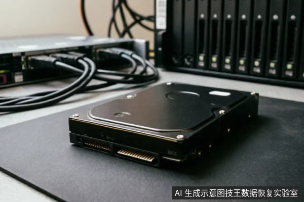 A black hard drive with exposed SATA connectors rests on a dark mat in front of server hardware and cables.