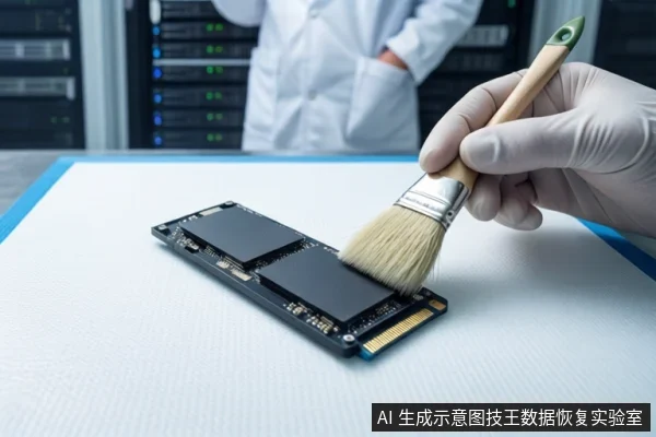 洁净室白色桌面上平放一块M.2固态硬盘,右侧一只戴白手套的手持软毛刷正在刷拭硬盘表面。背景中可见服务器机柜和一名穿白大褂的技术人员。