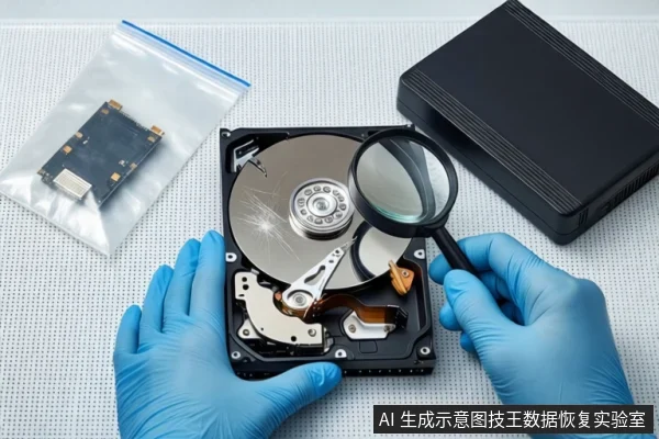 白色防静电垫上,一双戴蓝色手套的手持放大镜观察一块打开外壳的机械硬盘,左侧防静电袋内装有PCB板,右侧为黑色防震箱。
