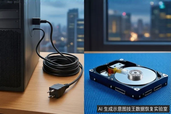 左侧木质桌面上有一台黑色台式主机,一根黑色电源线从主机后部接口拔出并盘绕在桌面上,插头悬空;右侧蓝色防静电垫上平放一块打开外壳的机械硬盘,露出盘片与磁头组件。背景为模糊的城市夜景。