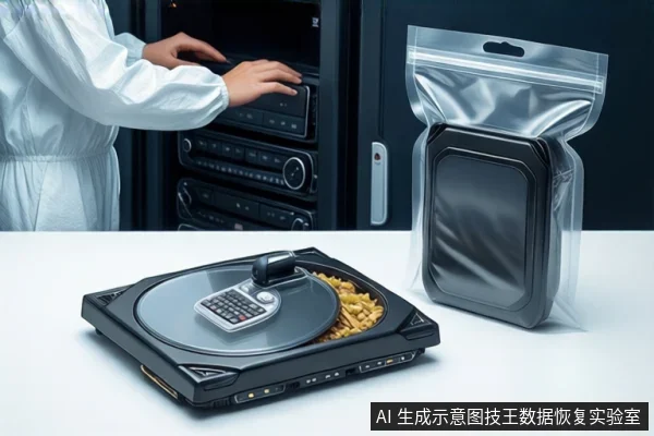 洁净室白色桌面上，前景平放一个打开的黑色硬盘盒，内部可见盘片与磁头组件，右侧透明防静电袋内装有一块闭合硬盘。背景中一名穿无尘服的技术人员正在操作服务器机柜。