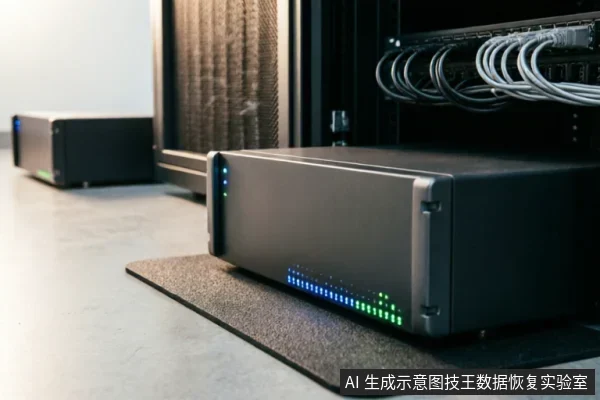 图片展示了一个放置在防静电垫上的黑色专业存储设备，正面亮着一排蓝绿色状态指示灯。背景可见服务器机柜及整齐连接的网线，呈现出典型的数据中心或硬件检测实验室环境。