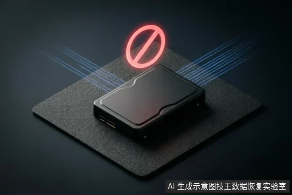图片展示了一个黑色的矩形存储设备放置在深色垫子上,设备上方悬浮着一个发光的红色禁止符号。蓝色的光线从设备两侧射出并被禁止标志阻挡,直观地表达了停止扫描、阻断读写操作或禁止访问的含义。