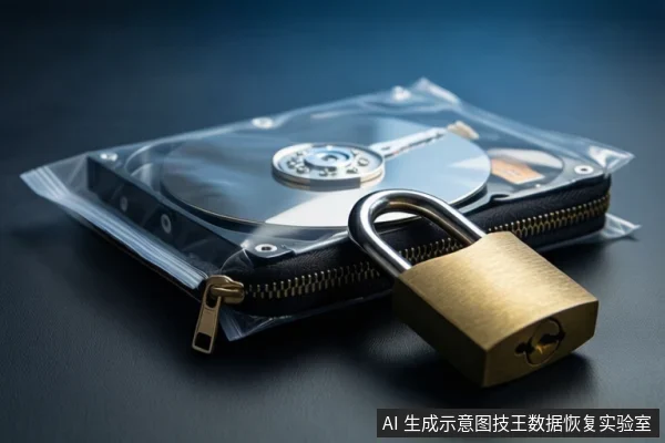 深色桌面上,一个透明防静电袋内装有一块打开外壳的机械硬盘,露出盘片与主轴。袋口拉链处挂着一把金色挂锁,锁头位于前景。