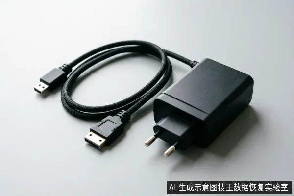 白色背景上放置着一个黑色的电源适配器,连接着一根黑色数据线。线缆两端分别为USB接口和方形接口,插头为欧标圆柱针脚,整体呈盘绕状摆放。