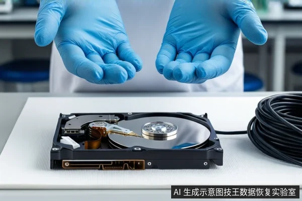 白色桌面上平放一块打开外壳的机械硬盘，可见盘片、主轴和磁头臂。右侧盘绕黑色线缆。上方一双戴蓝色手套的手掌张开悬停在硬盘上方，背景为模糊的实验室环境。