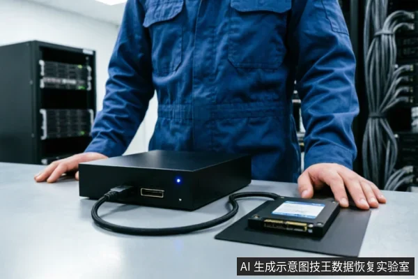 身穿蓝色工装的技术人员双手置于工作台，面前摆放着黑色数据恢复专用盒式设备，通过线缆连接一块裸露的固态硬盘。背景为服务器机柜，展示数据恢复前的硬件接入与只读检测环境。