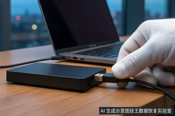 木质桌面上,一只戴白色手套的手正将USB线缆插头插入黑色移动硬盘接口,背景有一台打开的笔记本电脑和模糊的窗户。