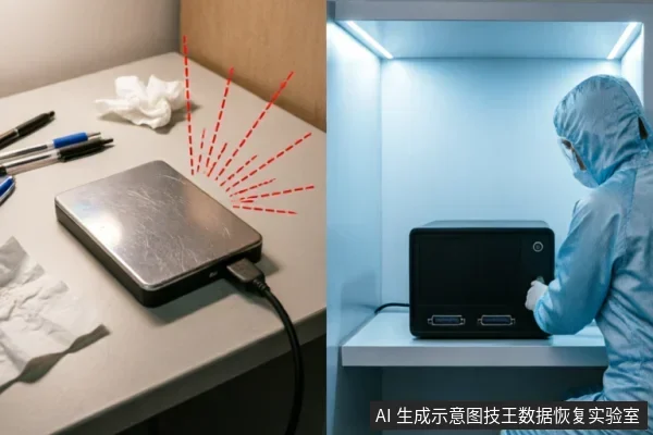左侧展示桌面上连接着线缆的银色移动硬盘,上方绘有红色虚线示意异常震动或故障信号;右侧为身穿全套蓝色无尘服的专业人员,在洁净室环境中操作黑色数据恢复设备。