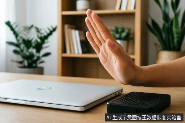 一只手掌在木质桌面上做出明确的停止手势，掌心向外。前景放置着一台闭合的银色笔记本电脑和一个黑色的外接硬盘盒，背景为模糊的书架和绿植，示意立即停止操作。