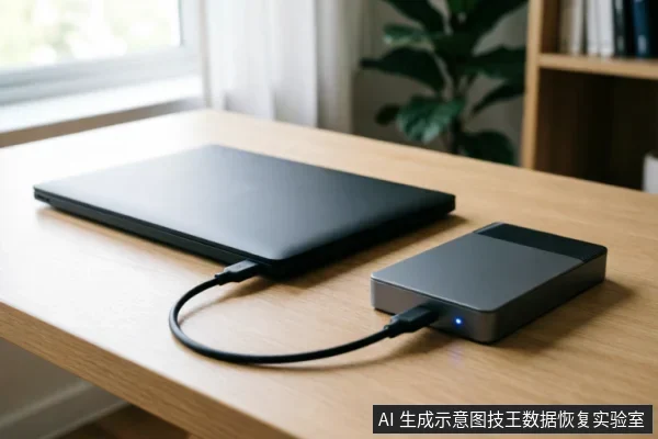 一张木质办公桌上,一台闭合的黑色笔记本电脑通过黑色数据线连接着一个带有蓝色指示灯的灰色移动硬盘,展示了设备的外部物理连接状态。