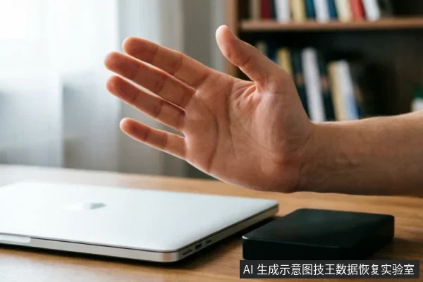 画面展示了一只手掌在银色笔记本电脑和黑色移动硬盘上方张开,做出明显的停止或拒绝手势。背景为模糊的书架,主体清晰,强调在连接存储设备时采取谨慎、暂停操作的态度,符合数据恢复前进行风险评估与风险阻断的主题。