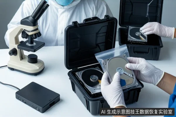 洁净室白色桌面上,左侧有一台显微镜和黑色外接硬盘盒。前景一双戴白手套的手正将一块机械硬盘放入透明防静电袋中,旁边黑色防震箱内固定着另一块打开外壳的硬盘。背景中一名穿无尘服的技术人员正在操作。