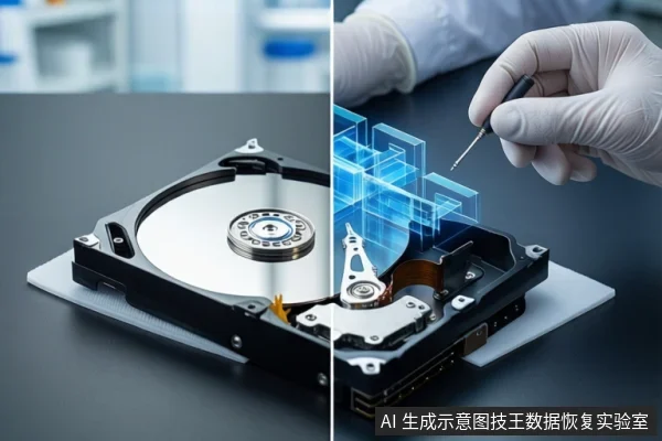 画面左侧为打开外壳的机械硬盘,右侧为戴白手套的手持螺丝刀指向硬盘上方悬浮的蓝色数据块示意图。