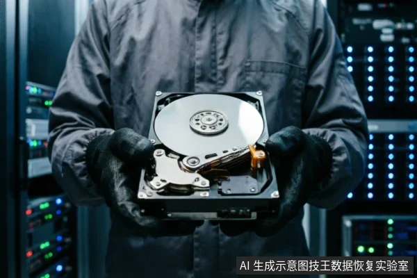 一名身穿深色工作服并佩戴防静电手套的技术人员，在服务器机房背景下双手托举着一块已打开外壳的机械硬盘。画面清晰展示了内部的磁盘盘片、读写磁头臂及连接排线等核心硬件结构。
