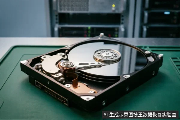一台打开顶盖的机械硬盘放置在绿色防静电工作垫上,清晰展示了内部的磁盘盘片、读写磁头臂及电路板接口。背景为模糊的服务器机架设备,呈现出专业的数据恢复或硬件检测实验室环境。