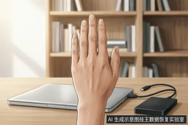 一只手掌在笔记本电脑前竖起,做出明确的停止手势。电脑侧面连接着一个黑色移动硬盘,背景为模糊的书架。画面直观表达了在存储设备故障时立即停止操作、切断连接以保护数据的紧急止损原则。