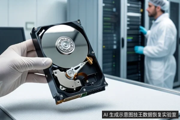 洁净室白色桌面上，前景一只戴白手套的手持握一块打开外壳的机械硬盘，露出盘片与磁头组件。背景中一名穿无尘服的技术人员站在服务器机柜旁。
