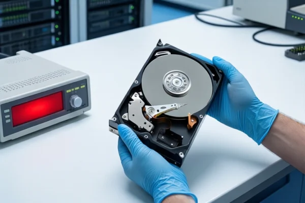 Gloved hands holding an open hard drive next to a device with a red display.