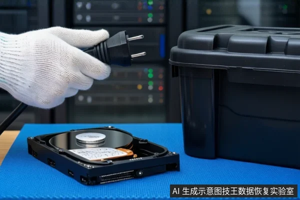 蓝色防静电垫上平放一块打开外壳的机械硬盘，右侧放置一个闭合的黑色防震箱。左侧一只戴白色手套的手握持黑色电源插头，悬停在硬盘上方。背景为模糊的服务器机柜。