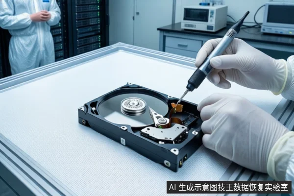洁净室白色桌面上平放一块打开外壳的机械硬盘，前景一双戴白手套的手持细长工具正在操作磁头组件。背景中一名穿无尘服的技术人员站在服务器机柜旁。