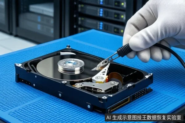 蓝色防静电垫上平放一块打开外壳的机械硬盘,右侧一只戴白色手套的手正握持一把金属镊子,尖端接触硬盘内部的磁头组件。背景是模糊的服务器机柜。