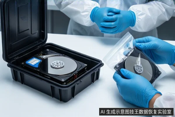 白色桌面上，左侧黑色防震箱内平放一块打开外壳的机械硬盘，右侧戴蓝色手套的双手正持握一个装有机械硬盘的透明防静电袋，背景为穿无尘服的技术人员。
