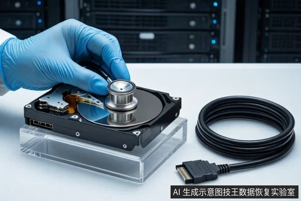 白色防静电工作台上,戴蓝色手套的手持听诊器放在透明底座上的打开外壳机械硬盘上,右侧盘绕一根黑色SATA线缆,背景为模糊的服务器机柜。