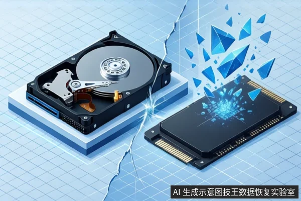 浅蓝网格背景上,左侧平放一块打开外壳的机械硬盘,右侧平放一块黑色固态硬盘,中间有裂缝和蓝色几何碎片飞溅,呈现数据损坏的抽象示意。