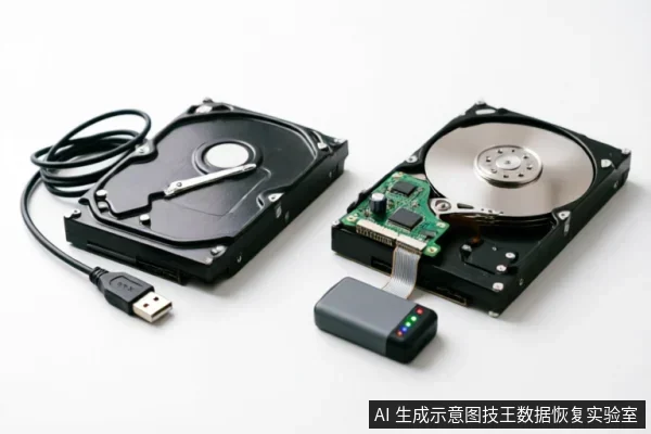 画面展示了两块机械硬盘,左侧硬盘连接着USB数据线处于封闭状态,右侧硬盘已打开上盖,露出内部金属磁盘与绿色电路板。两者之间放置着一个带有红绿指示灯的黑色小型电子适配器,背景为纯白,直观呈现了存储介质的物理结构与数据恢复检测场景。