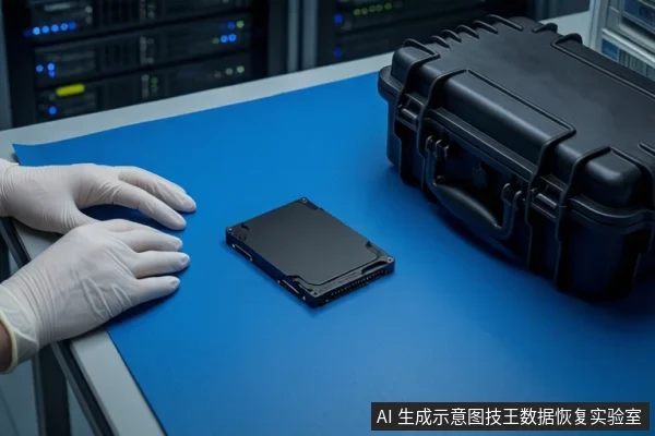 蓝色防静电垫上，一双戴白色手套的手平放在桌面左侧。中间平放一块黑色固态硬盘，右侧放置一个闭合的黑色防震箱。背景可见模糊的服务器机柜。