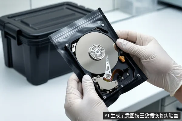 白色桌面上,一双戴白色手套的手正握持一个黑色防静电袋,袋内装有一块打开外壳的机械硬盘,露出盘片与磁头组件。背景左侧是一个闭合的黑色防震箱。